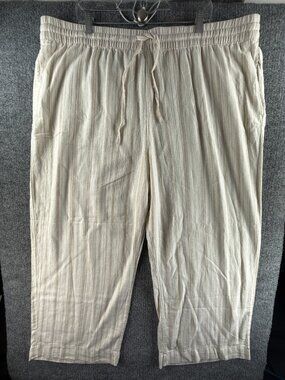 NWT Sonoma Linen Blend 2X Plus Pants Ivory Striped Drawstring Casual Straight